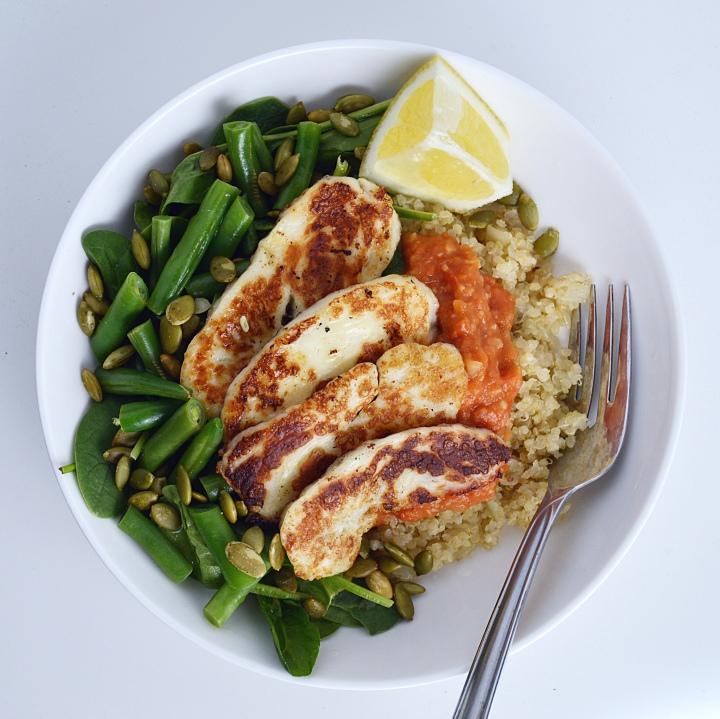 Quinoa Nourish Bowls with Roasted Cherry Tomato Sauce & Seared Halloumi&nbsp;Cheese
